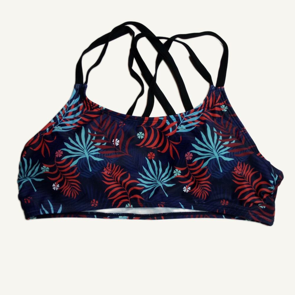 Blue Red Tropical Leaf Print Crisscross Back Bikini Top L Swimwear